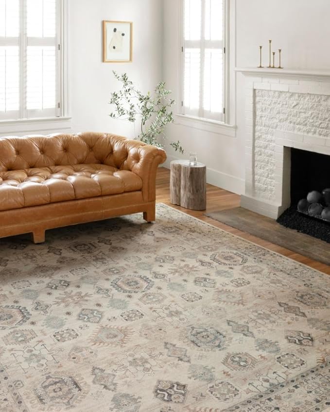 Loloi II Hathaway Collection HTH-05 Steel/Ivory 7'-6" x 9'-6" , .25" Thick, Runner Rug, Soft, Durable, Printed, Modern, Low Pile, Non-Shedding, Easy Clean, Living Room Rug