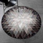Cowhide Hairon Leather Round Rug, Geometric Patterned Circle Carpet for Living Room, Bedroom, Hall, Brown, 4×4ft