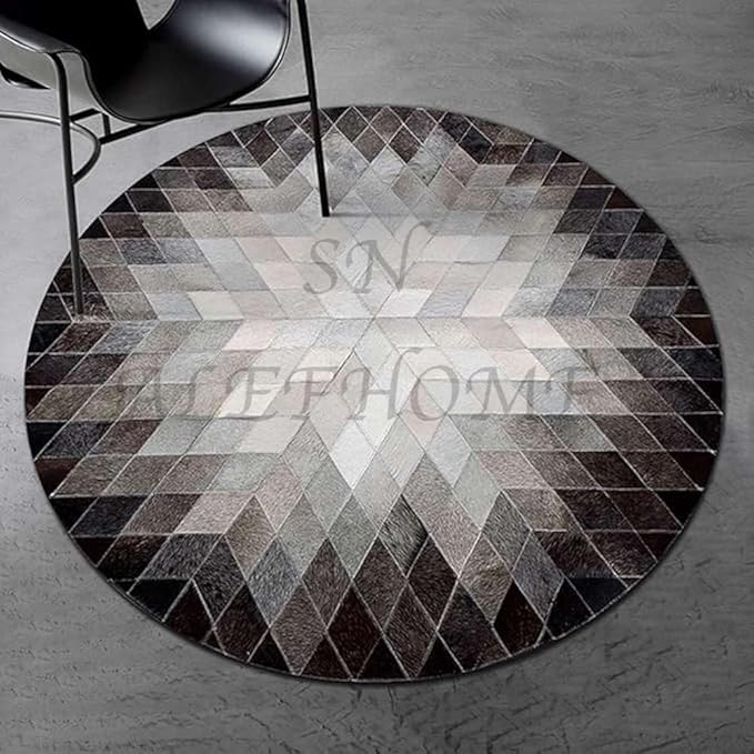 Cowhide Hairon Leather Round Rug, Geometric Patterned Circle Carpet for Living Room, Bedroom, Hall, Brown, 6×6ft