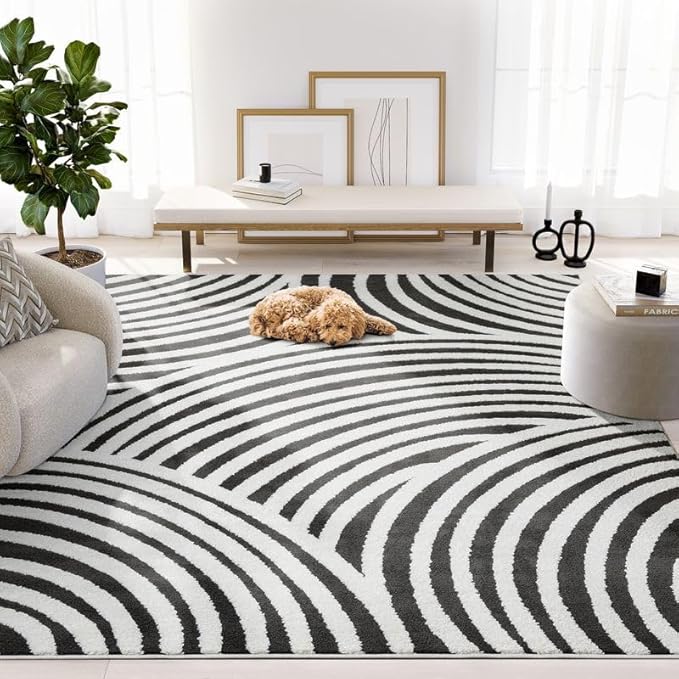 Abani Nomad Cream & Black Area Rug 4' x 6' for Living Room, Bedroom - Black Linear Curves Design - Durable & Easy to Clean