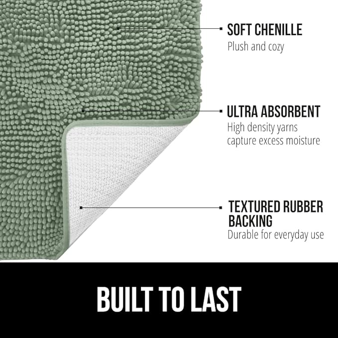 GORILLA GRIP Bath Rug Mat 44x26, Soft Absorbent Chenille, Quick Dry Microfiber Mats, Rubber Backing Washable Shower Floor Rugs, Bathmat Runner, US Designed Bathroom Home Decor Accessories Sage Green