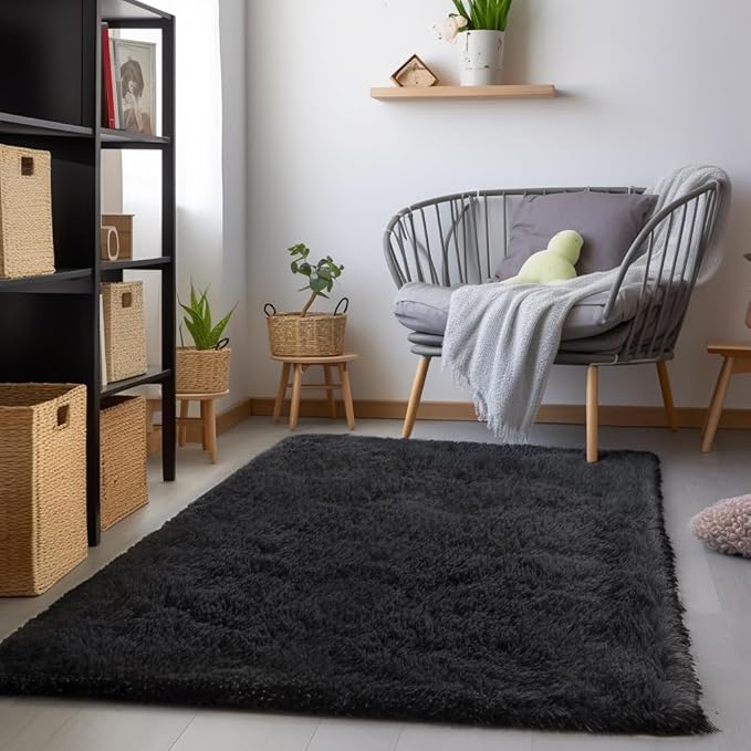 Zentavio Black Area Rugs for Living Room Bedroom 4x6 Men Room Carpet Fluffy Furry Shag Aesthetic Plush High Pile Floor Rug for Nursery Kids Room Dorm Home Decor