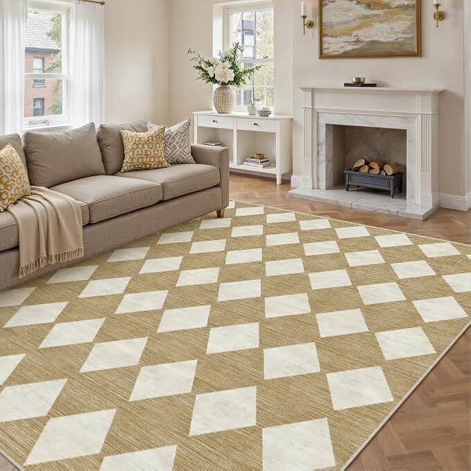 8x10 Checkered Area Rugs for Living Room Brown Machine Washable Large Rug Non-Slip Stain Resistant Low Pile Boho Accent Indoor Throw Carpet for Bedroom Dining Room Home Aesthetic Decor