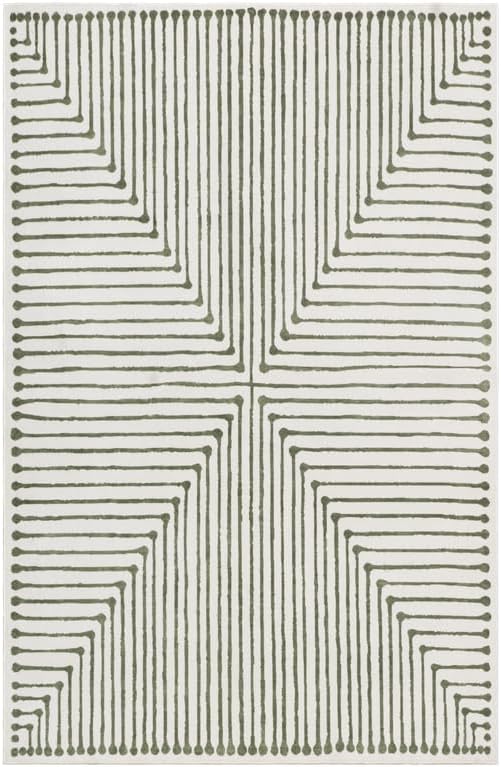 GLN Rugs Contemporary Collection - Machine Washable Area Rug, Contemporary Washable, Non Slip, Low Pile Chenille Rug, Living Room, Bedroom, Kitchen Rug (6' x 9' Green Beige)