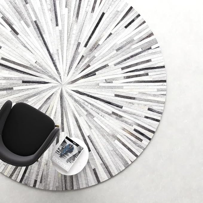Faux Cowhide Round Area Rug | Non-Slip Leather Floor Carpet for Living Room, Bedroom, and Home Décor | Modern Stylish Accent Rug(Grey_4x4)