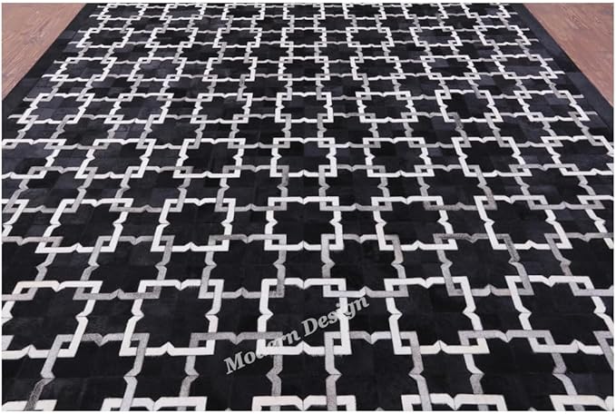Modern Design Premium Cowhide Leather Carpet with Chevron Pattern, Area Rug (Black/Grey/White, 4x6)