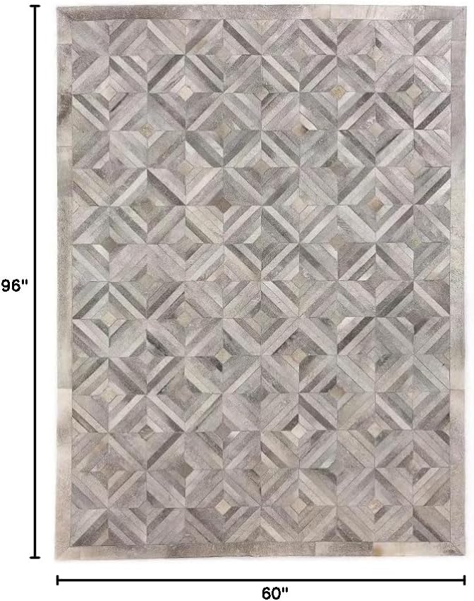 Premium Diamond Pattern Leather Area Rug, Geometric Cowhide Patchwork Carpet - 5X8 ft, Luxury Beige and Grey Non-Slip Floor Accent for Dining Room, Living Room, Hallway