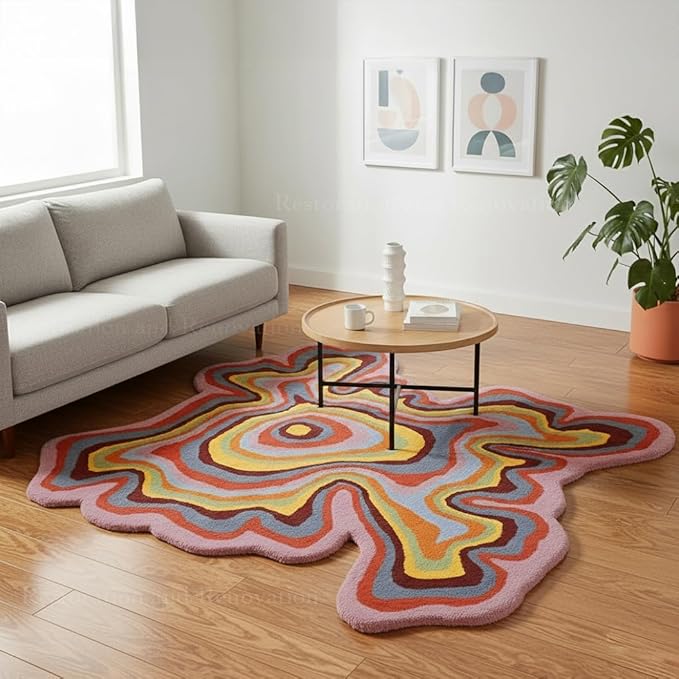 Irregular Shaped Handmade Wool Rug | Modern Colourful Stripe Premium Area Rug Perfect for Home Decor (IR-D, 4x4 ft)