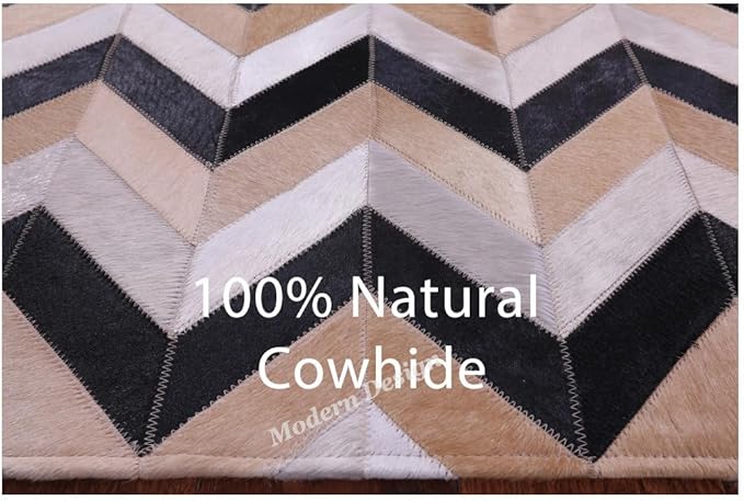 Modern Design Premium Cowhide Leather Carpet with Chevron Pattern, Area Rug (Beige/Black/Grey/Ivory, 4x6)