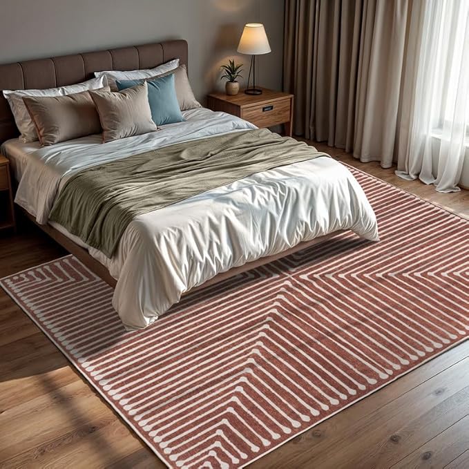 GLN Rugs Contemporary Collection - Machine Washable Area Rug, Contemporary Washable, Non Slip, Low Pile Chenille Rug, Living Room, Bedroom, Kitchen Rug (4' x 6' Beige Orange)