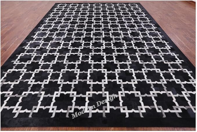 Modern Design Premium Cowhide Leather Carpet with Chevron Pattern, Area Rug (Black/Grey/White, 3x10)
