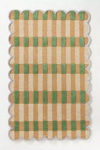 Handmade Scalloped Wool Area Rug - Modern Geometric Pattern, Green-Beige Stripes, Checkered Chevron Design - Soft, Durable Thick Carpet for Living Room, Bedroom (Green, 9' x 12')