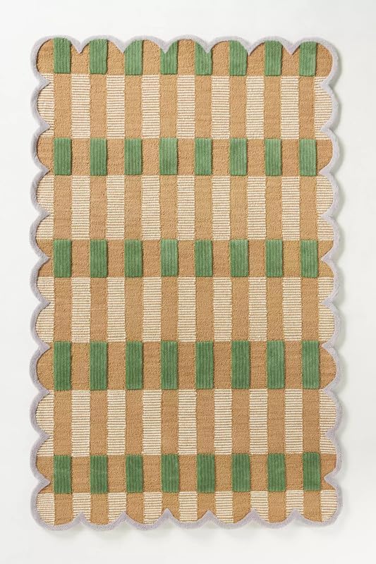 Handmade Scalloped Wool Area Rug - Modern Geometric Pattern, Green-Beige Stripes, Checkered Chevron Design - Soft, Durable Thick Carpet for Living Room, Bedroom (Green, 9' x 12')