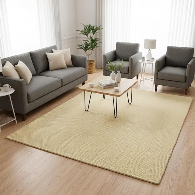 Modern Herringbone Chevron Collection Handcrafted Wool Area Rug - Durable, Zigzag Pattern, for High Traffic, Contemporary Design for Living Room, Bedroom, Dining Room Decor (Butter Yellow, 8' x 8')