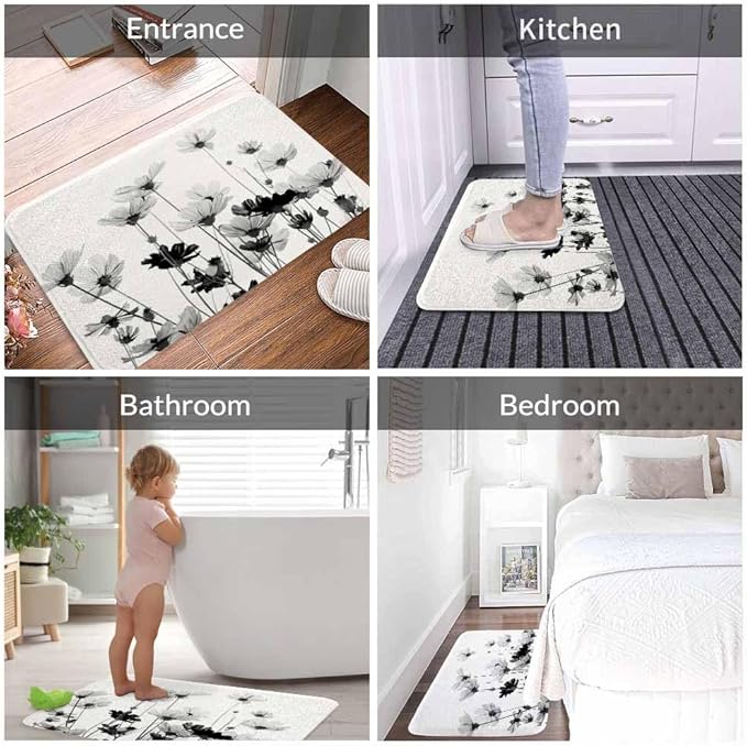 Cosmos Flowers Bathroom Mat Rugs Black and White Pattern Microfiber Faux Cashmere Thick Plush Bath Mat Non-Slip Water Absorbent Bath Carpet for Bathtub Bathroom Floor Tub 16X24 Inch