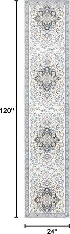 Phantoscope Washable Runner Rug 2'x10' Non-Slip, Vintage Boho Hallway Rugs for Entryway, Stair, Bedroom, Persian Floral Medallion Pattern, Low-Pile Foldable Floor Carpet, Ivory Blue/Garden Bloom