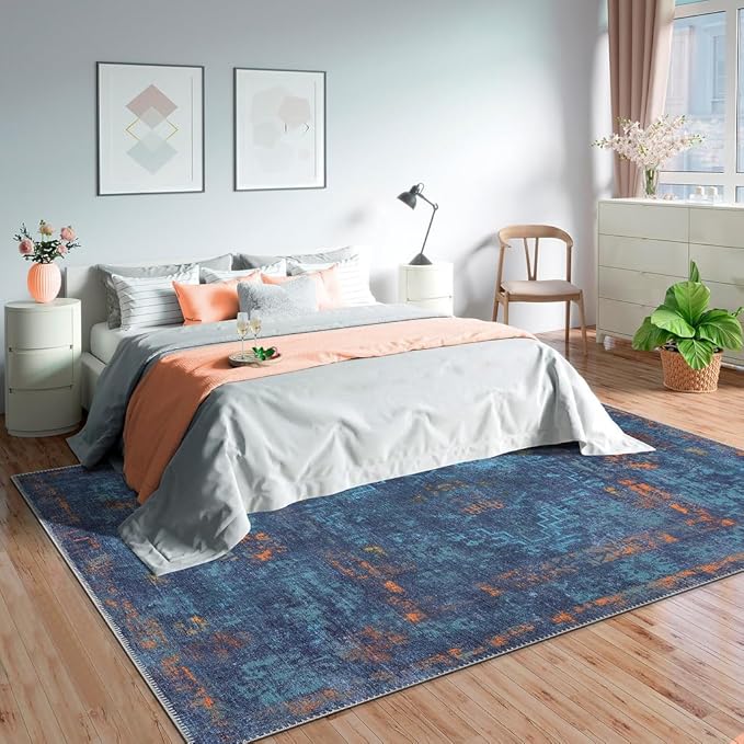 GLN Rugs Contemporary Collection - Machine Washable Area Rug, Contemporary Washable, Non Slip, Low Pile Chenille Rug, Living Room, Bedroom, Kitchen Rug (5' x 7' Midnight/Multi)