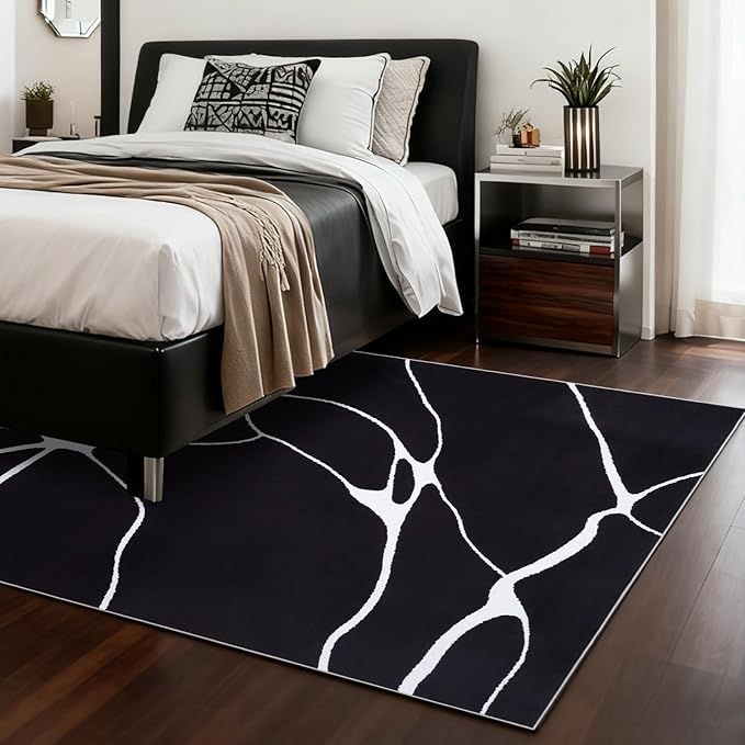 YIHOUSE Modern Washable Area Rug for Living Room Bedroom - Large Abstract Black and White Rug Non-Slip Ultra-Thin Home Decor (Dark Warping, 5'x7'ft)