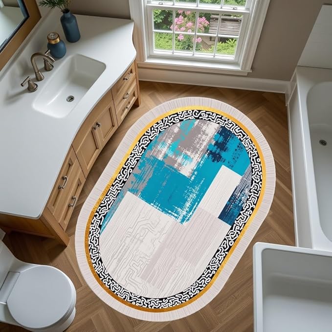 Vintage Luxury Grey Blue Gold Abstract Geometric Texture Oval Area Rug 10x12 for Living Room Bedroom Dining Room Minimalist Bordered Large Rugs Nursery Dorm Kitchen Entryway Soft Non Skid Floor Carpet