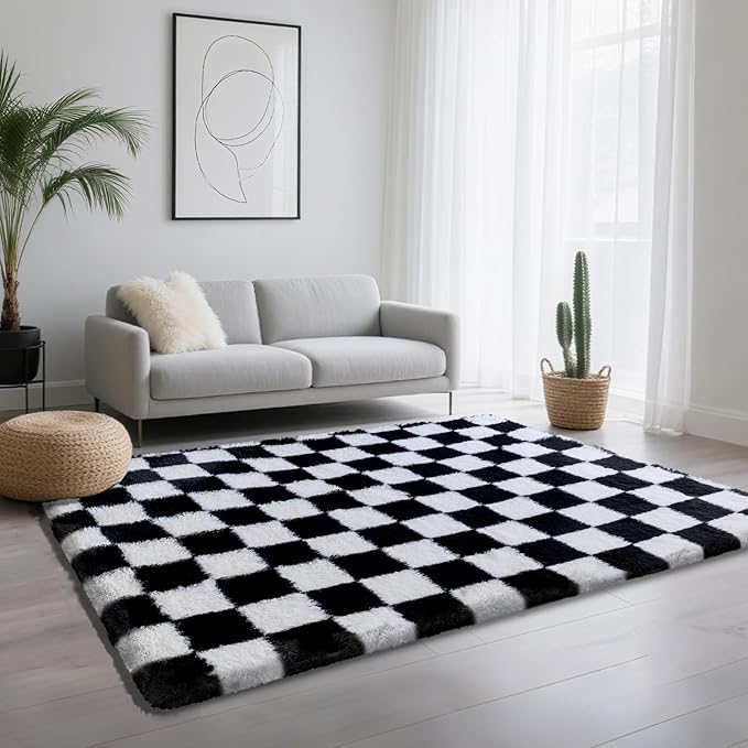 4x6 Area Rugs for Living Room Bedroom, Soft Fluffy Shaggy Bedside Rug, Indoor Floor Carpet for Kids Playroom, Dorms, Nursery Rooms, Home Decor (Black & White 4'x6')
