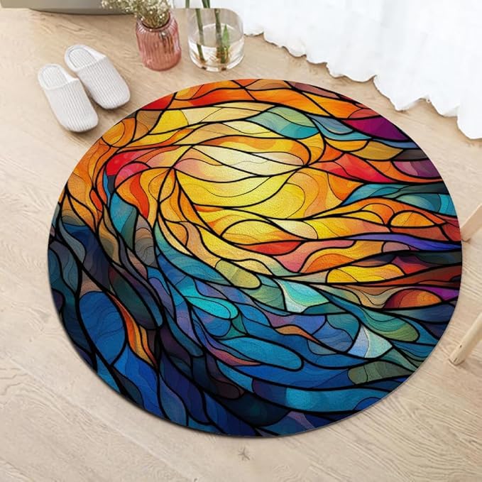 Abstract Colorful Pattern Round Rug Vintage Church Glass Area Rug Washable Soft Non-Slip Floor Carpet Low Pile Accent Rugs for Entryway Living Room Dining Room Bedroom Home Office 8ft