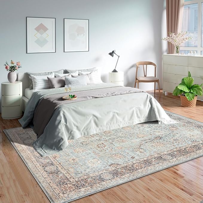 GLN Rugs Traditional Collection - Machine Washable Area Rug, Traditional Washable, Non Slip, Low Pile Chenille Rug, Living Room, Bedroom, Kitchen Rug (9' x 12' Light Blue)