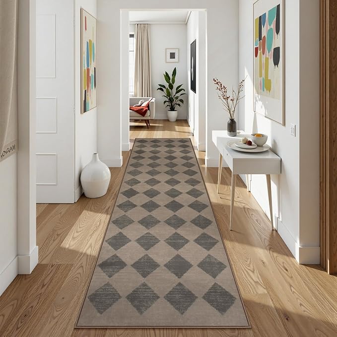 Lahome Checkered Washable 2x8 Brown Runners for Hallways Non Slip, Ultra-Thin Kitchen Bathroom Runner Rugs, Moroccan Trellis Throw Carpet Runner for Bedroom Entryway Decor (2'x8',Brown)