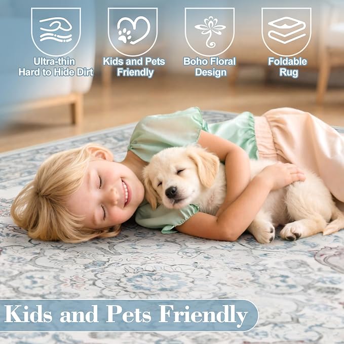 Wonnitar 5x7 Washable Area Rugs, Blue Vintage Floral Rug for Bedroom Decor, Soft Cozy Low Pile Non-Slip Boho Floor Carpet for Living Room Kids Room Office Indoor Décor
