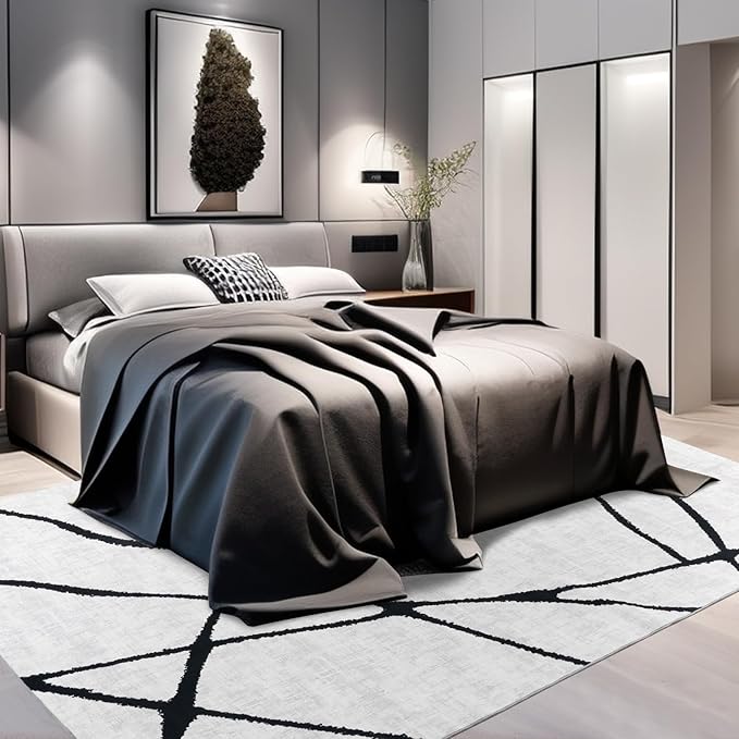 YIHOUSE Geometric 9x12ft Modern Washable Area Rug for Living Room Bedroom - Large Abstract Black and White Rug Non-Slip Ultra-Thin Home Decor