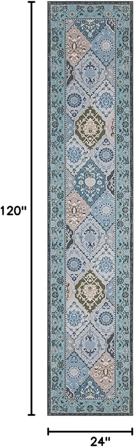 Phantoscope Washable Runner Rug 2'x10' Non-Slip, Vintage Boho Hallway Rugs for Entryway, Stair, Bedroom, Distressed Moroccan Mosaic Diamond Pattern, Low-Pile Foldable Floor Carpet, Blue Teal/Neutral