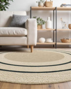 DEXI Round Jute Rug Natural Fiber 4x4, Braided Woven Area Rugs No Shed, Soft Neutral Rustic Carpet Mat for Indoor Outdoor Patio Dining Living Room Bedroom Farmhouse, 4ft, Ivory/Black