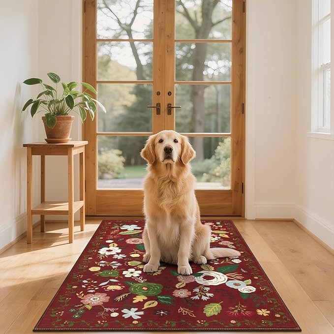 U'Artlines 3x5ft Colorful Red Christmas Floral Rug,Non Slip Washable Area Rug Ultra Soft Low Pile Boho Small Carpet for Living Room, Bedroom, Dining Room,Farmhouse,Office