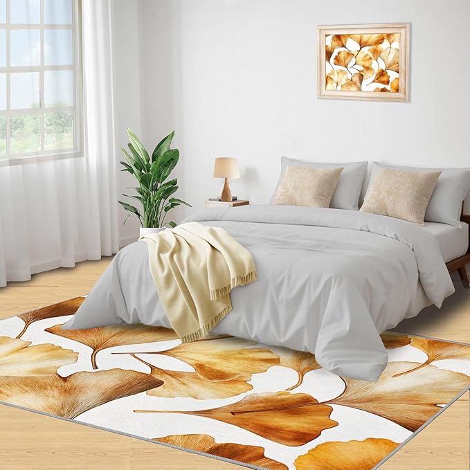 Golden Leaf Rugs for Bedroom - 2x3 Area Rug - 3D Ginkgo Leaf Rugs for Living Room, Modern Simple Art Rug, Non-Slip Washable Home Decor Carpet