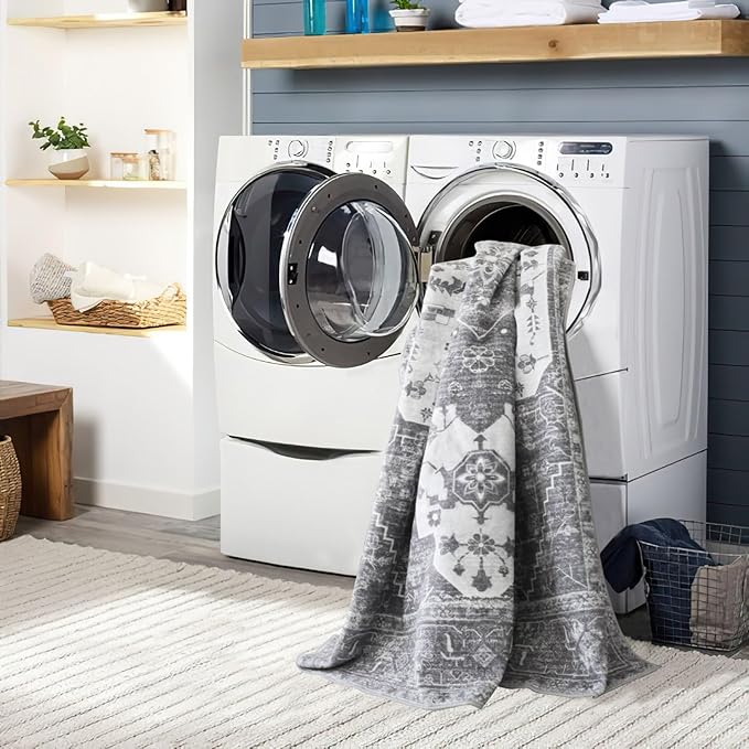 vivorug 5x7 Area Rugs, Stain Resistant Washable Rug for Living Room, Vintage-Inspired Grey Floral Rug