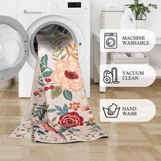DUKINO 6x9 Area Rug, Floral Rugs for Living Room, Lightweight Non Slip Washable Rug, Indoor Low Pile & Non-Shedding Boho Design Rugs for Bedroom, Living Room, Dining Room, Beige