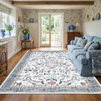 5x7 Washable Non-Slip Rug, Vintage Floral Area Rug for Living Room, Low Pile Farmhouse Distressed Carpet for Nursery Playroom Dorm Teens Office, Light Blue