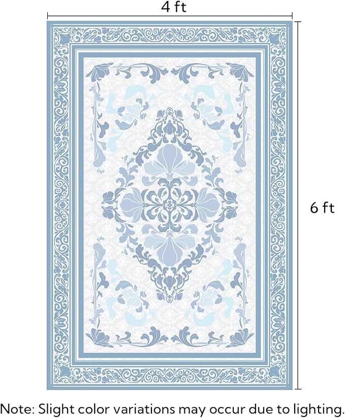 SOULFUL Medium Pile 4x6 Rugs for Living Room - Soft Foot Feel Area Rug - Mist Blue Boho Floral - Washable Non-Slip - Perfect for Bedroom Kids Room Under Dining Table Office
