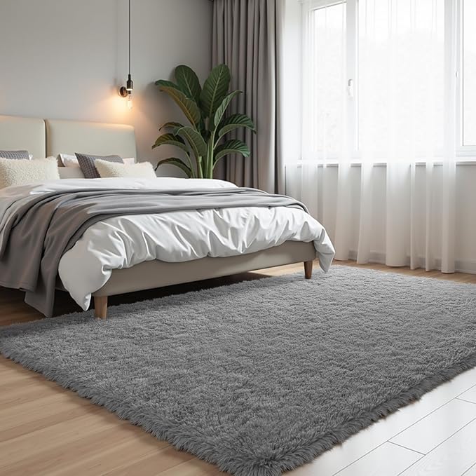 Zentavio Area Rugs for Living Room Large Rugs for Bedroom 6x9 Carpet Fluffy Furry Soft Shag Aesthetic Plush High Pile Gray Throw Rug for Nursery Kids Room Dorm Light Grey