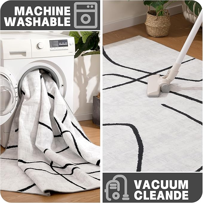 YIHOUSE 5x7 Washable Living Room Rug - Modern Abstract Black and White Area Rug Non-Slip for Bedroom Home Office (Abstract, 5'x7'ft)