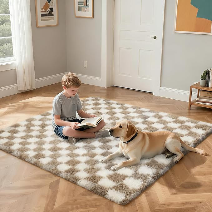 Checkered Rug for Bedroom, 3x7 Beige and White Area Rugs, Classic Checkered Carpets Shaggy Area Rug, Bedside Rugs for Living Room Bedroom Kids Room Home Decor