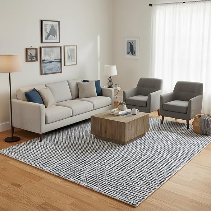 Hand-Tufted 100% Wool Pile Area Rug – Geometric Textured Grid Check Pattern – Thick and Durable Floor Carpet for Bedroom, Living Room, Kids Room, and Dining Area (Charcoal Gray, 5' x 5')