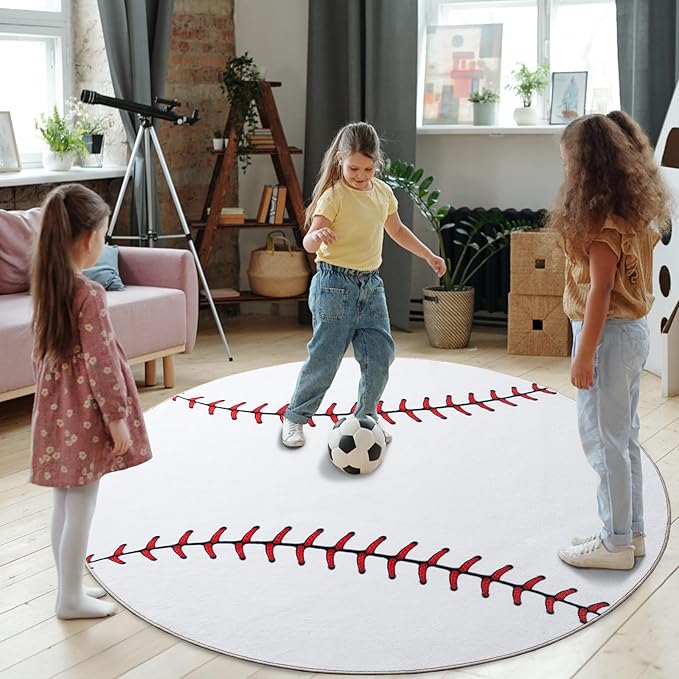 Soft Round Rugs for Bedroom, Baseball Rug for Boys, Bedside Area Kids Carpet, Baseballs Lovers Home Decor Indoor Circle Carpets for Living Room, Nursery, Dorms Machine Washable,47 Inch