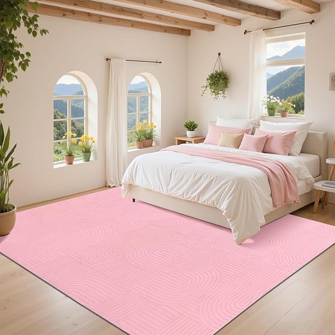 Pauwer 8x10 Washable Area Rugs for Living Room Modern Pink Solid Color Soft Fluffy Rugs for Bedroom Non Slip Boho Accent Indoor Mat Floor Carpet Cover for Kids Room Dining Room Kitchen Office, Pink