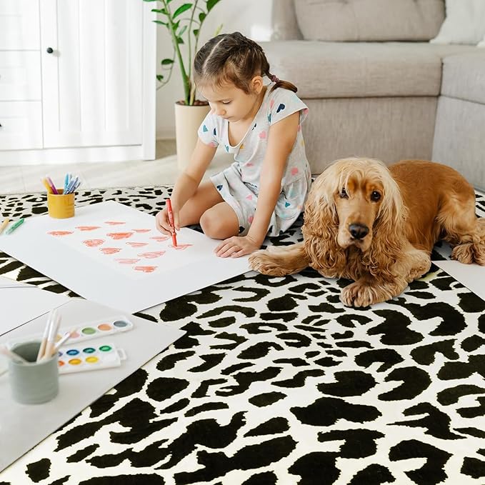 YIHOUSE Leopard Rug for Living Room, Black and White Cute Cheetah Print Rug Modern Washable Animal Printed Rugs for Bedroom, Girls Boys Dorm Room Nursery Room, Playroom, 8x10