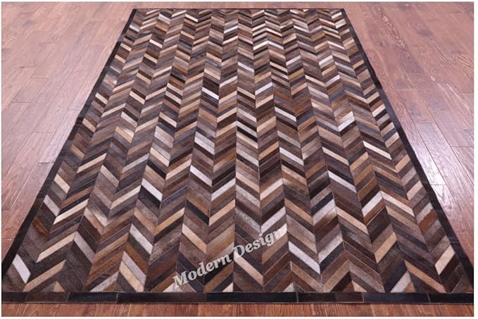Modern Design Premium Cowhide Leather Carpet with Chevron Pattern, Area Rug (Natural Multi Brown, 3x10)