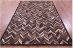 Modern Design Premium Cowhide Leather Carpet with Chevron Pattern, Area Rug (Natural Multi Brown, 4x6)