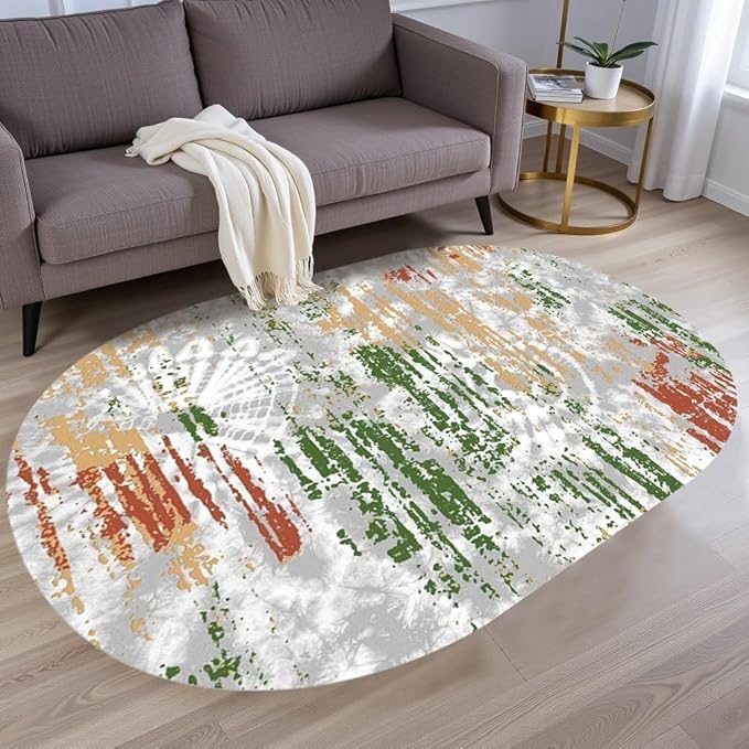 Distressed Abstract Art Aesthetic Deco Indoor Oval Rugs 8x10 for Living Room Bedroom Dining Room Soft Non Skid Easy Clean Big Carpet Nursery Dorm Farmhouse Rustic Grey Green Tie-Dye Texture Area Rug