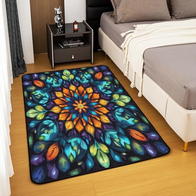Vintage Mandala 5x7 Area Rug Bohemian Style Watercolor Flower Living Room Rug | Boho Floral Rugs for Bedroom, Antique Decor Victorian Damask Carpet Indoor Floor Mat