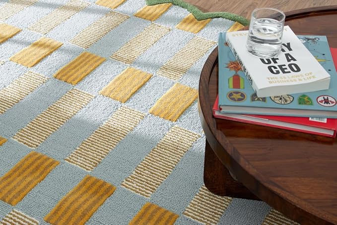 Hand-Tufted Wool Rug with Scalloped Edges, Light Blue Plaid Pattern, Cozy Soft Area Rug for Living Room, Bedroom, and Nursery, Handmade Modern Accent Rug, 7x7 Ft (Square)