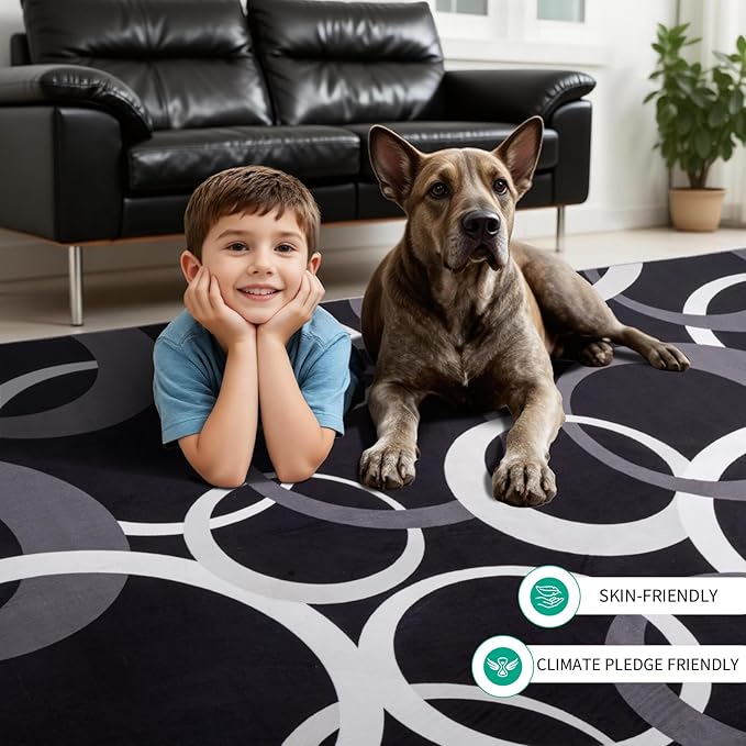 YIHOUSE 5x7 Ft Area Rugs, Concentric Circle Carpet Washable Rug, Black and White Geometric Design Rug for Living Room, Bedroom, Playroom, Nursery, Home Office Decor, Nonslip Non-Shedding